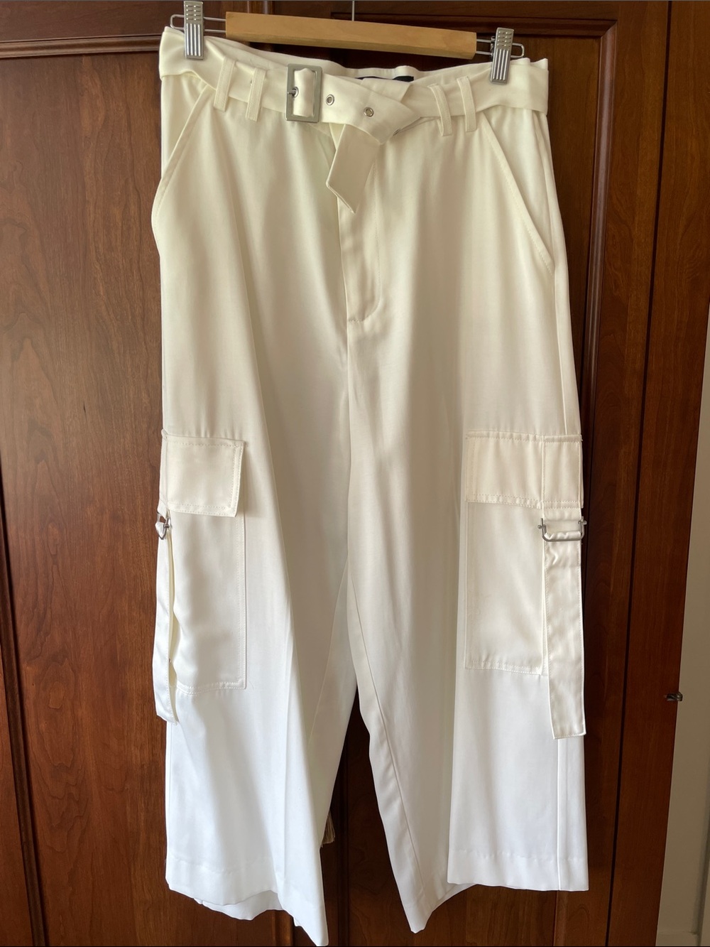Zara Off-White Satin Wide-Leg Cargo Pants with Belt